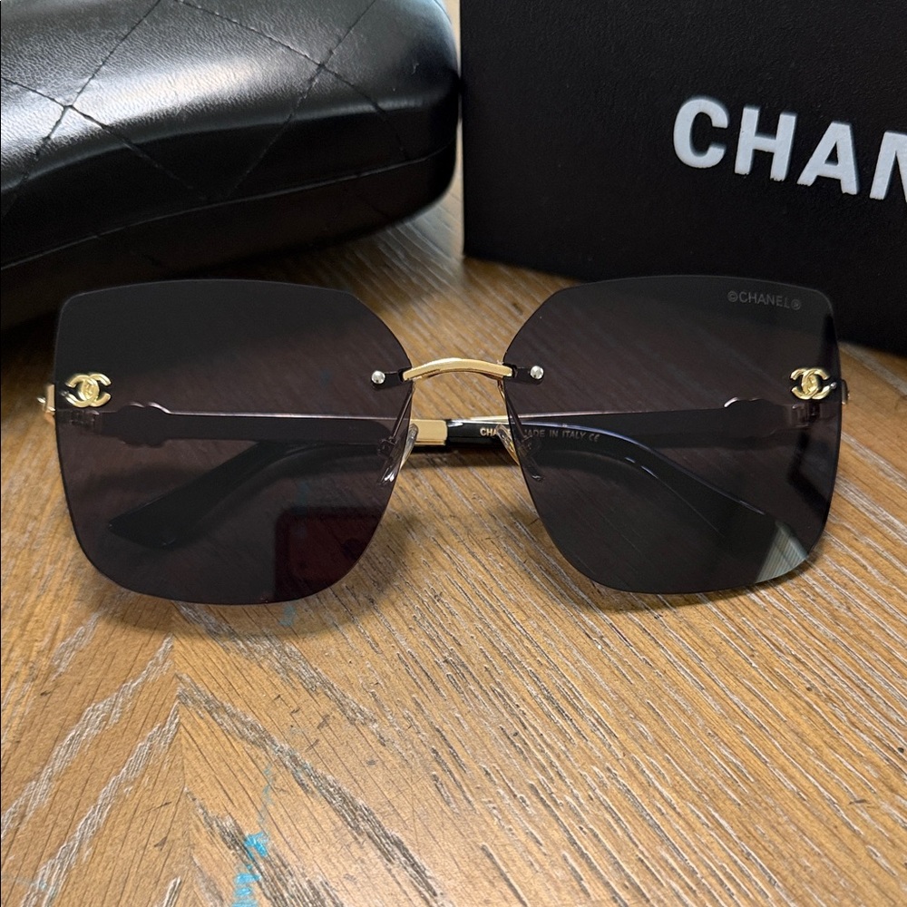 CHANEL Rimless Square Sunglasses in Black and Gold-Tone - Picture 3 of 7